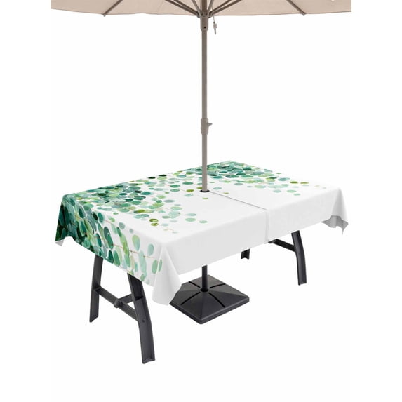Outdoor Tablecloth with Umbrella Hole for Patio/Picnic/Party/Camping, Eucalyptus Leaves Waterproof Table Cloth Rectangle Table Cover Washable, Spring Green Plants Pastoral Vines (60"x 102")