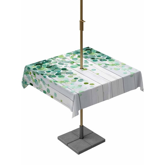 Outdoor Tablecloth with Umbrella Hole for Patio/Picnic/Party/Camping, Eucalyptus Leaves Waterproof Table Cloth Square Cover Washable, Spring Green Plants Farmhouse Wooden Grain (60"x 60")