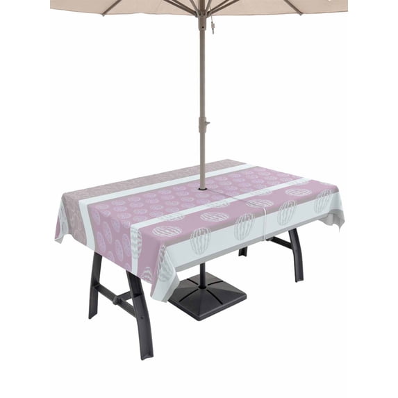 Outdoor Tablecloth with Umbrella Hole for Patio/Picnic/Party/Camping, Farm Fruits Waterproof Table Cloth Rectangle Table Cover Washable, Watermelon Lemons Peach Pink Grey Striped (54"x 80")