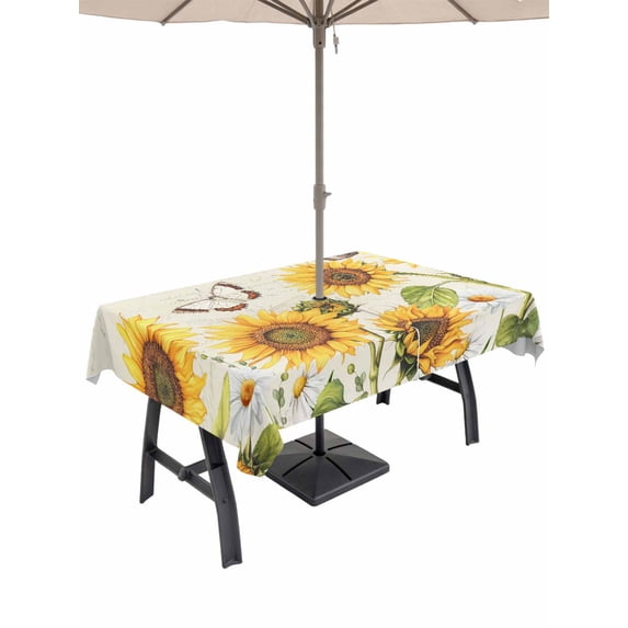 Outdoor Tablecloth with Umbrella Hole for Patio/Picnic/Party/Camping, Farm Sunflowers Waterproof Table Cloth Rectangle Table Cover Washable, Retro Flowers Butterfly Botanical Beige (54"x 80")