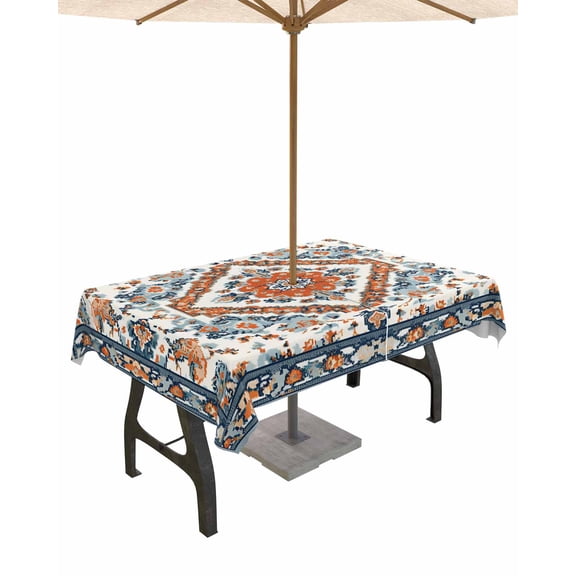 Outdoor Tablecloth with Umbrella Hole for Patio/Picnic/Party/Camping, Farmhouse Aztec Waterproof Table Cloth Rectangle Table Cover Washable, Boho Southwest Tribal Ethnic Flowers 52"x 70"