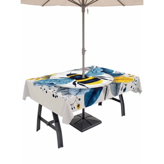Outdoor Tablecloth with Umbrella Hole for Patio/Picnic/Party/Camping, Farmhouse Bees Waterproof Table Cloth Rectangle Table Cover Washable, Spring Summer Gray Blue Flowers Blossom (60"x 84")