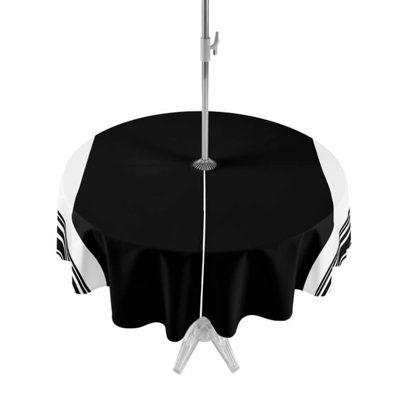 Outdoor Tablecloth with Umbrella Hole for Patio/Picnic/Party/Camping, Farmhouse Black Waterproof Table Cloth Round Cover Washable, Aesthetic Modern Line Striped (Dia 54")