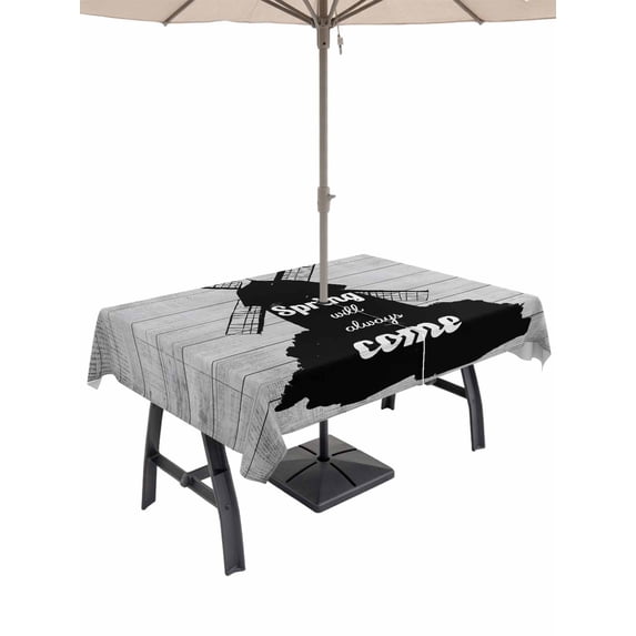 Outdoor Tablecloth with Umbrella Hole for Patio/Picnic/Party/Camping, Farmhouse Black Windmill Waterproof Table Cloth Rectangle Table Cover Washable, Spring Will Always Come Wood Grain (60"x 120")