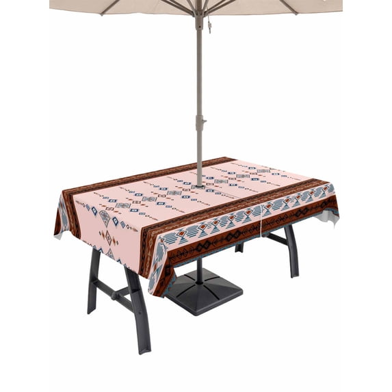 Outdoor Tablecloth with Umbrella Hole for Patio/Picnic/Party/Camping, Farmhouse Boho Waterproof Table Cloth Rectangle Table Cover Washable, Retro Ethnic Traditional Patterned (52"x 70")