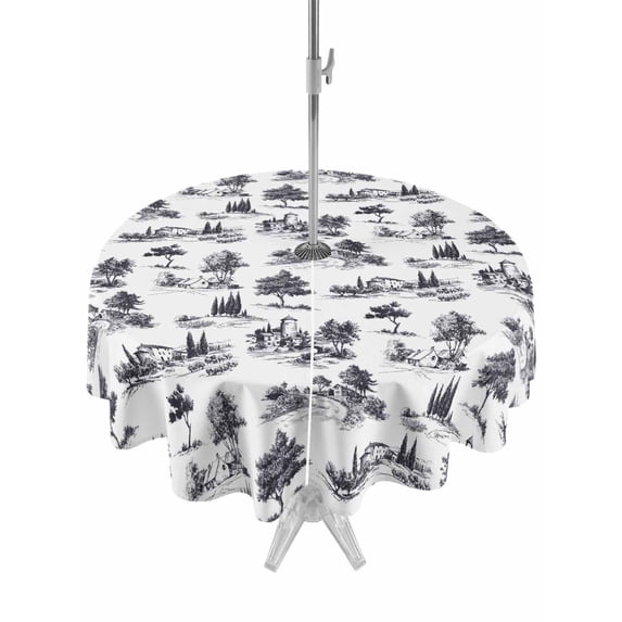 Outdoor Tablecloth with Umbrella Hole for Patio/Picnic/Party/Camping, Farmhouse Castle Waterproof Table Cloth Round Cover Washable, Country Black Tree Vintage Plants Garden (Dia 54")