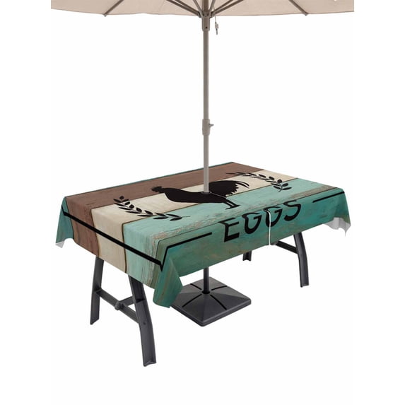 Outdoor Tablecloth with Umbrella Hole for Patio/Picnic/Party/Camping, Farmhouse Chicken Waterproof Table Cloth Rectangle Table Cover Washable, Country Text Leaves Wooden Grain (60"x 120")