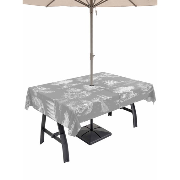 Outdoor Tablecloth with Umbrella Hole for Patio/Picnic/Party/Camping, Farmhouse Country Waterproof Table Cloth Rectangle Table Cover Washable, Grey Vintage Trees Rustic French Garden (54"x 80")