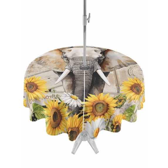 Outdoor Tablecloth with Umbrella Hole for Patio/Picnic/Party/Camping, Farmhouse Elephants Waterproof Table Cloth Round Cover Washable, Spring Summer Sunflowers Wood Grain (Dia 54")