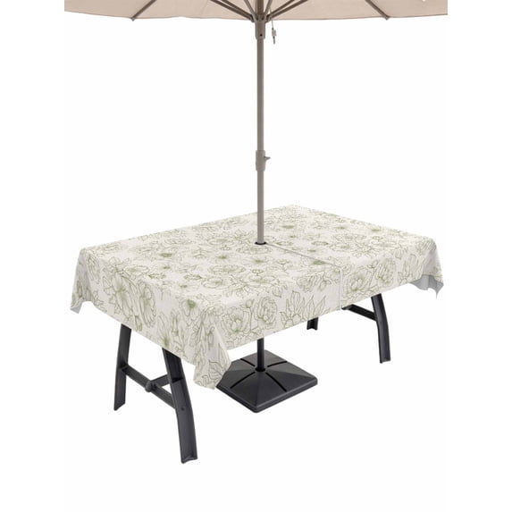 Outdoor Tablecloth with Umbrella Hole for Patio/Picnic/Party/Camping, Farmhouse Flowers Waterproof Table Cloth Rectangle Table Cover Washable, Green Botanical Floral Patterned (60"x 102")