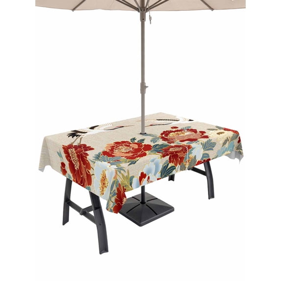 Outdoor Tablecloth with Umbrella Hole for Patio/Picnic/Party/Camping, Farmhouse Flowers Waterproof Table Cloth Rectangle Table Cover Washable, Japanese Style Peony Floral White Bird (54"x 80")