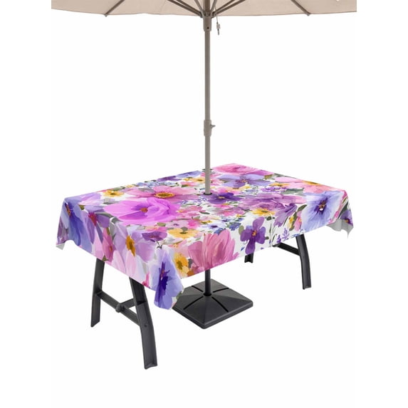 Outdoor Tablecloth with Umbrella Hole for Patio/Picnic/Party/Camping, Farmhouse Flowers Waterproof Table Cloth Rectangle Table Cover Washable, Spring Watercolor Purple Pink Floral (60"x 102")