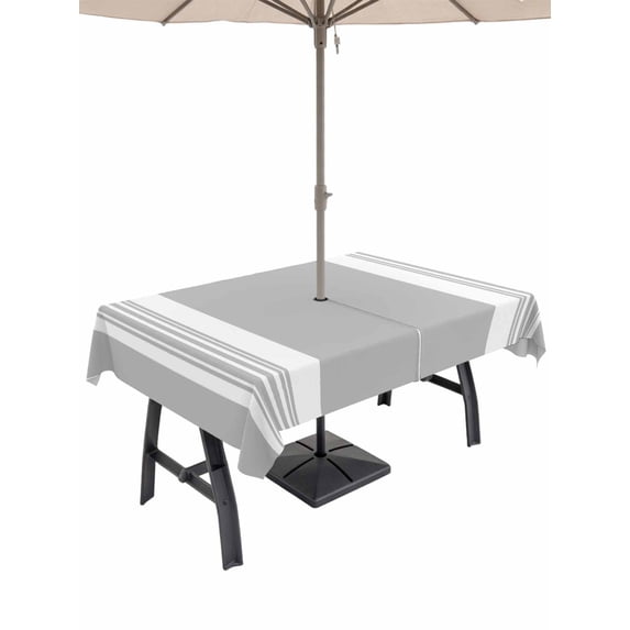 Outdoor Tablecloth with Umbrella Hole for Patio/Picnic/Party/Camping, Farmhouse Grey Waterproof Table Cloth Rectangle Table Cover Washable, Aesthetic Modern Line Striped (60"x 102")