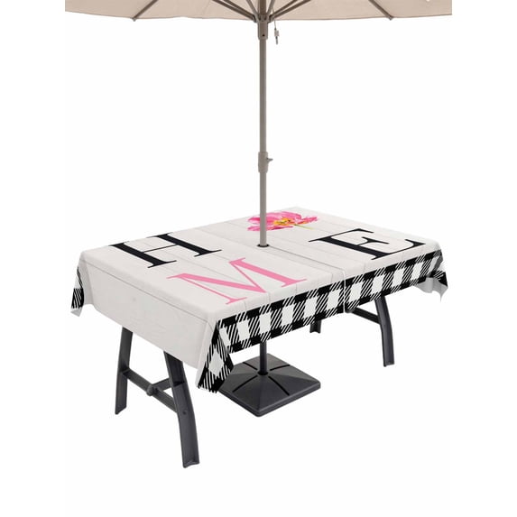 Outdoor Tablecloth with Umbrella Hole for Patio/Picnic/Party/Camping, Farmhouse HOME Waterproof Table Cloth Rectangle Table Cover Washable, Pink Tulip Black White Plaid Wooden (52"x 70")