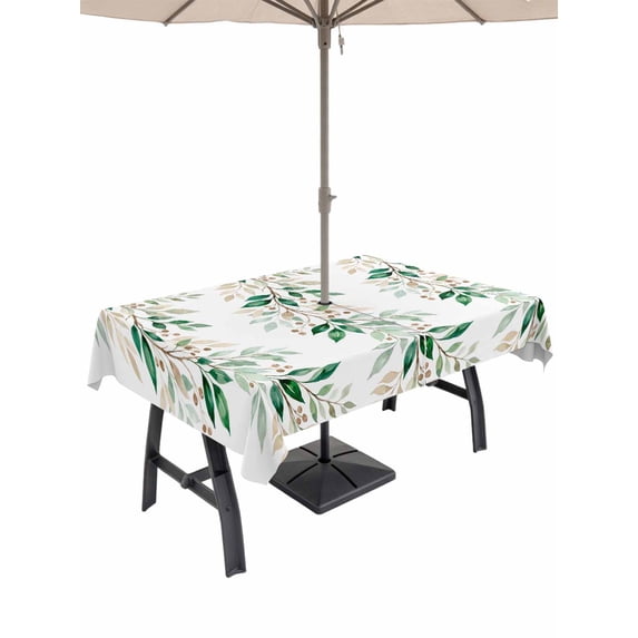 Outdoor Tablecloth with Umbrella Hole for Patio/Picnic/Party/Camping, Farmhouse Leaves Waterproof Table Cloth Rectangle Table Cover Washable, Botanical Green Branch Summer Berry (60"x 102")