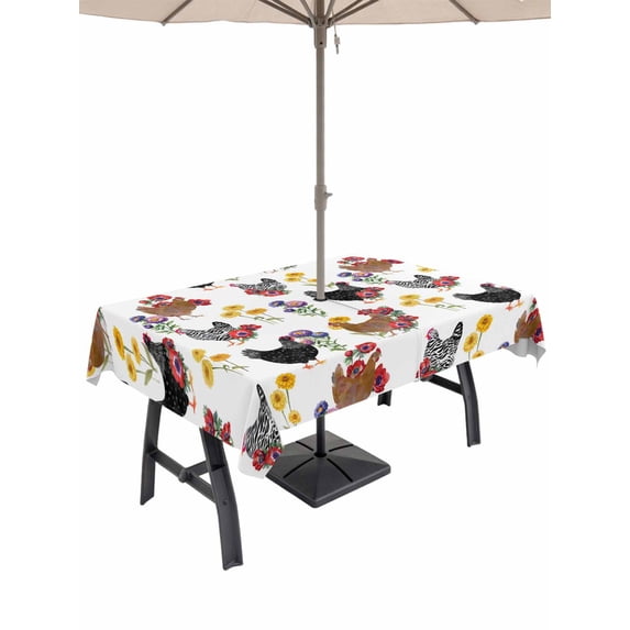Outdoor Tablecloth with Umbrella Hole for Patio/Picnic/Party/Camping, Farmhouse Rooster Waterproof Table Cloth Rectangle Table Cover Washable, Country Watercolor Flowers Wood Grain (60"x 120")