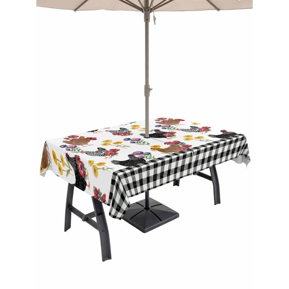 Outdoor Tablecloth with Umbrella Hole for Patio/Picnic/Party/Camping, Farmhouse Rooster Waterproof Table Cloth Rectangle Table Cover Washable, Country Watercolor Flowers Black Plaid (60"x 102")