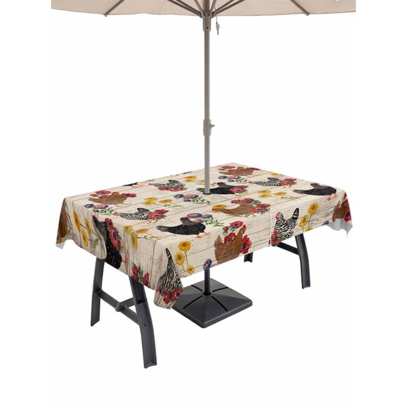 Outdoor Tablecloth with Umbrella Hole for Patio/Picnic/Party/Camping, Farmhouse Rooster Waterproof Table Cloth Rectangle Table Cover Washable, Vintage Watercolor Flowers Wood Grain (60"x 102")