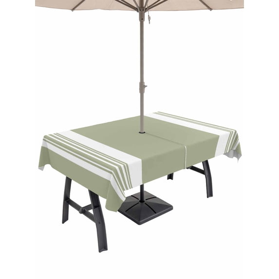 Outdoor Tablecloth with Umbrella Hole for Patio/Picnic/Party/Camping, Farmhouse Sage Green Waterproof Table Cloth Rectangle Table Cover Washable, Aesthetic Modern Line Striped (54"x 80")