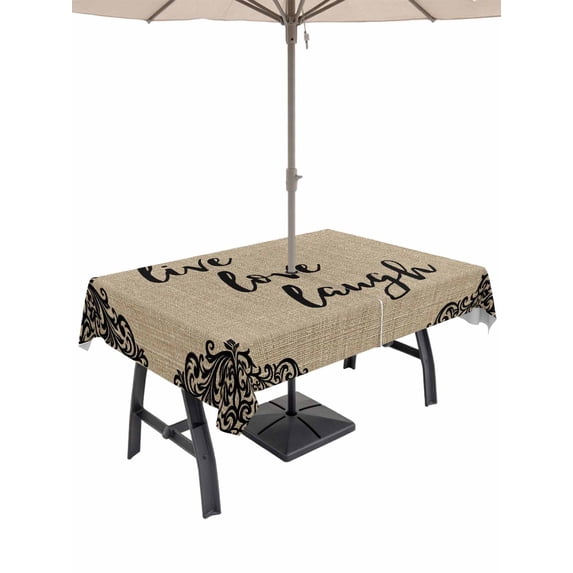 Outdoor Tablecloth with Umbrella Hole for Patio/Picnic/Party/Camping, Farmhouse Waterproof Table Cloth Rectangle Table Cover Washable, Retro Rustic Classic Black Flower Pattern Brown (60"x 102")