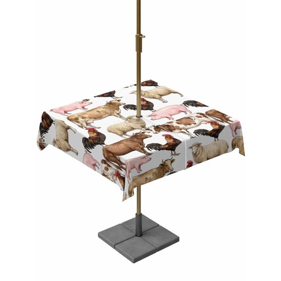 Outdoor Tablecloth with Umbrella Hole for Patio/Picnic/Party/Camping, Farmhouse Waterproof Table Cloth Square Cover Washable, Modern Country Watercolor Cow Pigs Rooster (54"x 54")