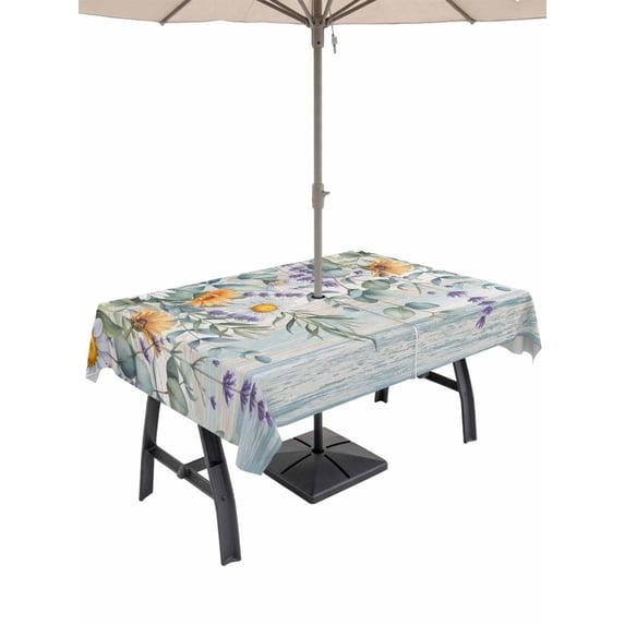 Outdoor Tablecloth with Umbrella Hole for Patio/Picnic/Party/Camping, Floral Eucalyptus Leaves Waterproof Table Cloth Rectangle Table Cover Washable, Daisy Summer Botanical Wooden (60"x 120")