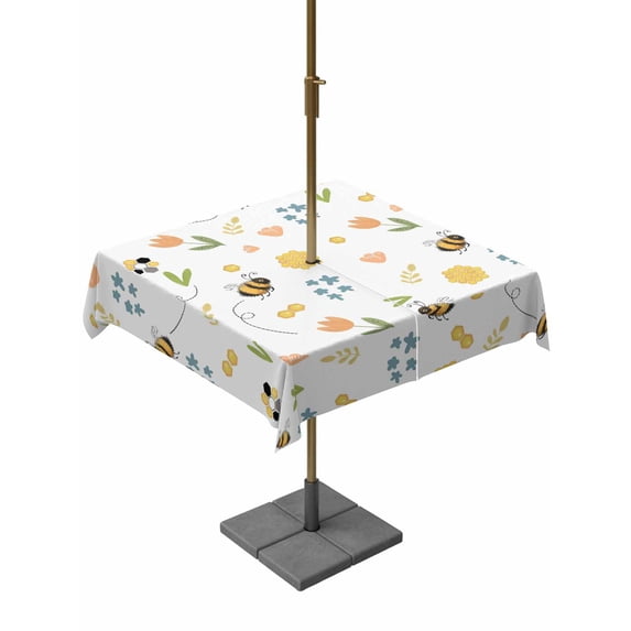 Outdoor Tablecloth with Umbrella Hole for Patio/Picnic/Party/Camping, Flowers Bees Waterproof Table Cloth Square Cover Washable, Spring Cartoon Botanical Tulip Flowers Leaves (54"x 54")