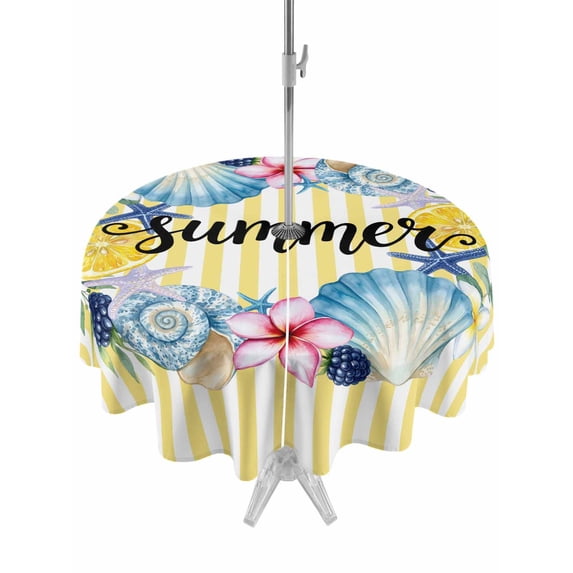 Outdoor Tablecloth with Umbrella Hole for Patio/Picnic/Party/Camping, Flowers Coastal Waterproof Table Cloth Round Cover Washable, Spring Floral Nautical Striped Farmhouse (Dia 54")