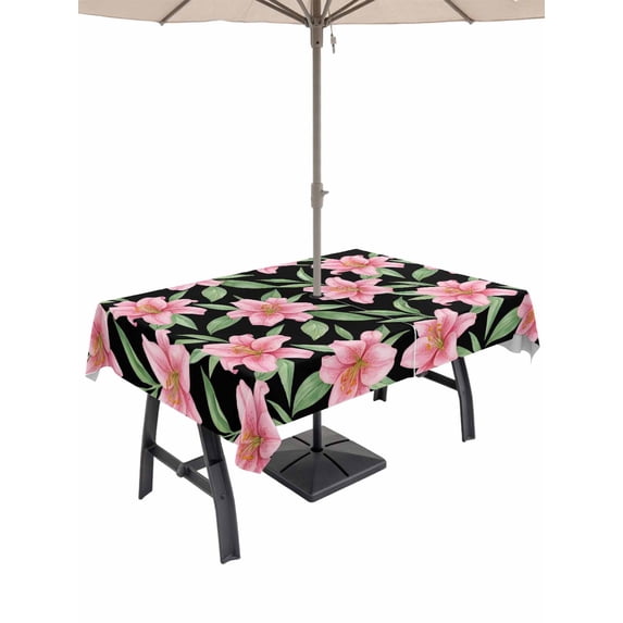 Outdoor Tablecloth with Umbrella Hole for Patio/Picnic/Party/Camping, Flowers Waterproof Table Cloth Rectangle Table Cover Washable, Pink Spring Floral Elegant Pastoral Watercolor (54"x 80")