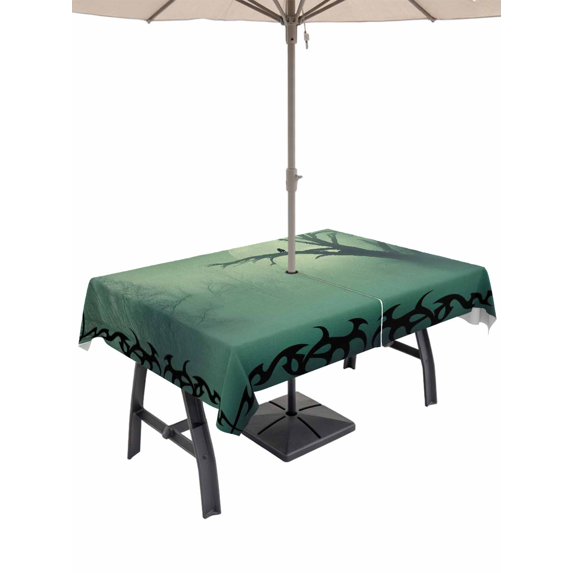 Outdoor Tablecloth with Umbrella Hole for Patio/Picnic/Party/Camping, Foggy Forest Green Waterproof Table Cloth Rectangle Table Cover Washable, Spooky Branch Tree Crow Bird Moon (60"x 102")