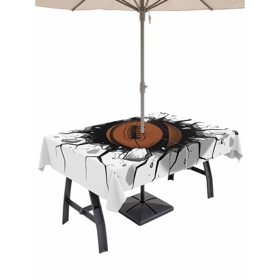 Outdoor Tablecloth with Umbrella Hole for Patio/Picnic/Party/Camping, Football Broken Wall Waterproof Table Cloth Rectangle Table Cover Washable, Abstract Art Sport 3D Realistic (52"x 70")