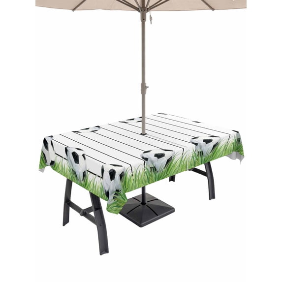 Outdoor Tablecloth with Umbrella Hole for Patio/Picnic/Party/Camping, Football Sport Waterproof Table Cloth Rectangle Table Cover Washable, Modern Grass Lawn Balls Gaming Black Lines (60"x 102")