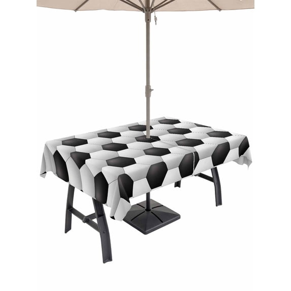 Outdoor Tablecloth with Umbrella Hole for Patio/Picnic/Party/Camping, Football Texture Waterproof Table Cloth Rectangle Table Cover Washable, Abstract Art Black White Hexagon (60"x 84")