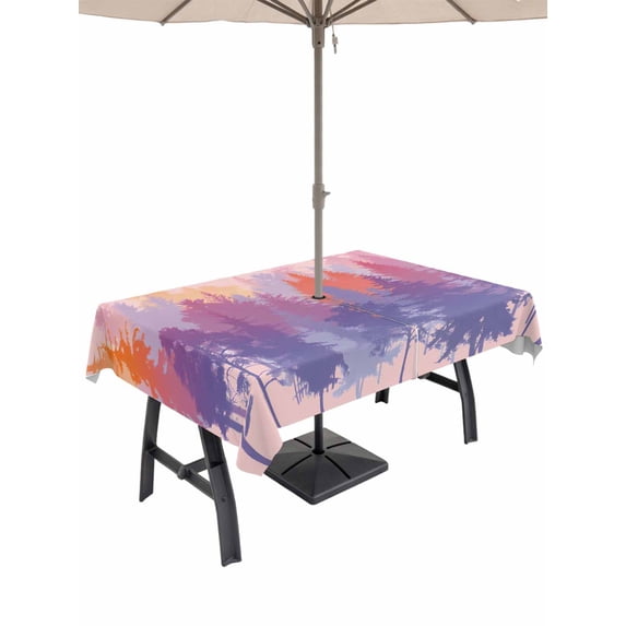 Outdoor Tablecloth with Umbrella Hole for Patio/Picnic/Party/Camping, Forest Silhouette Waterproof Table Cloth Rectangle Table Cover Washable, Retro Abstract Watercolor Forest Trees Pink (60"x 120")