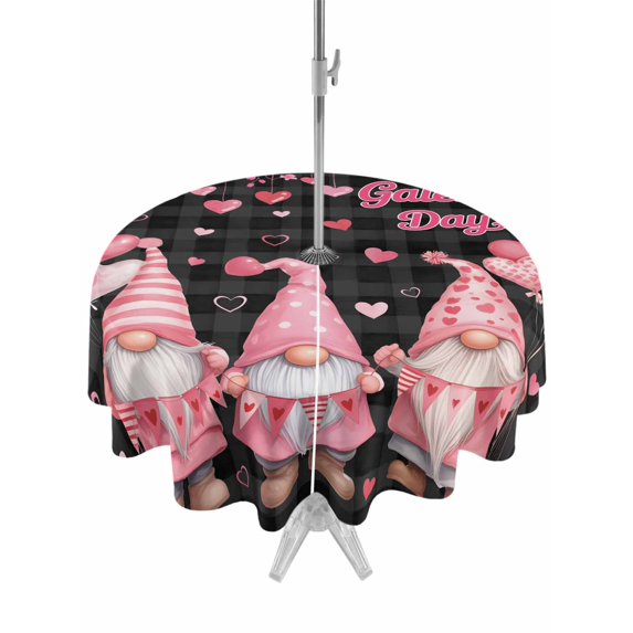 Outdoor Tablecloth with Umbrella Hole for Patio/Picnic/Party/Camping, Galentine's Day Waterproof Table Cloth Round Cover Washable, Gnomes Pink Love Balloon Black Lattice (Dia 60")