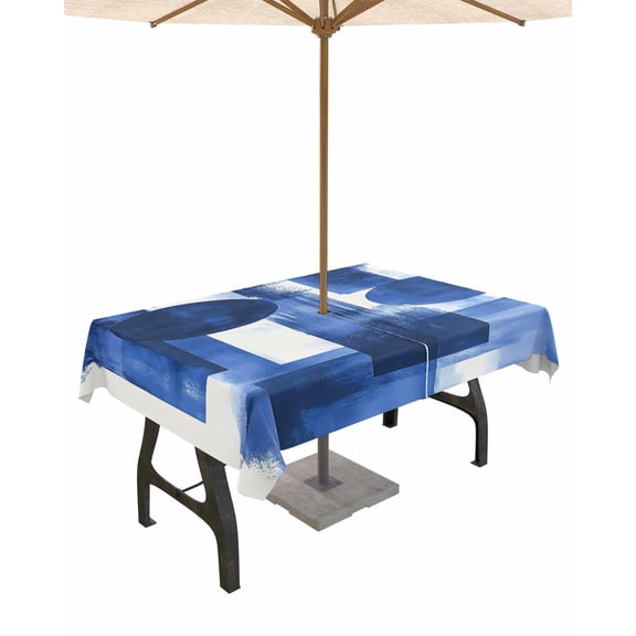 Outdoor Tablecloth with Umbrella Hole for Patio/Picnic/Party/Camping, Geometric Blue Waterproof Table Cloth Rectangle Table Cover Washable, Simple Abstract Modern Oil Painting 60"x 120"
