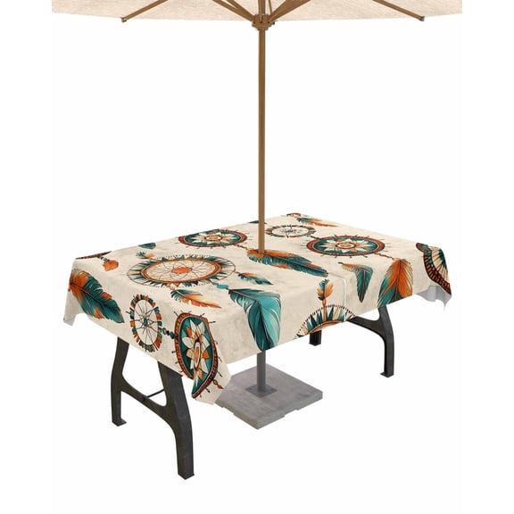 Outdoor Tablecloth with Umbrella Hole for Patio/Picnic/Party/Camping, Geometric Feathers Waterproof Table Cloth Rectangle Table Cover Washable, Boho Ethnic Retro Country Motifs 52"x 70"