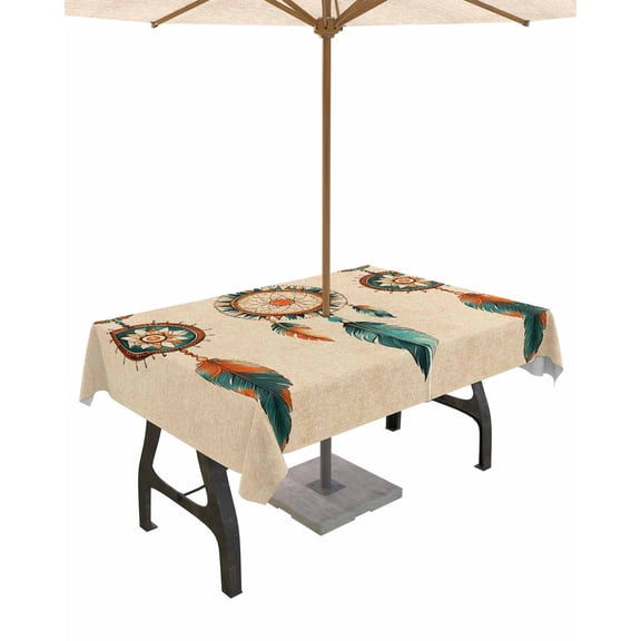 Outdoor Tablecloth with Umbrella Hole for Patio/Picnic/Party/Camping, Geometric Feathers Waterproof Table Cloth Rectangle Table Cover Washable, Retro Abstract Aesthetics Farmhouse 52"x 70"