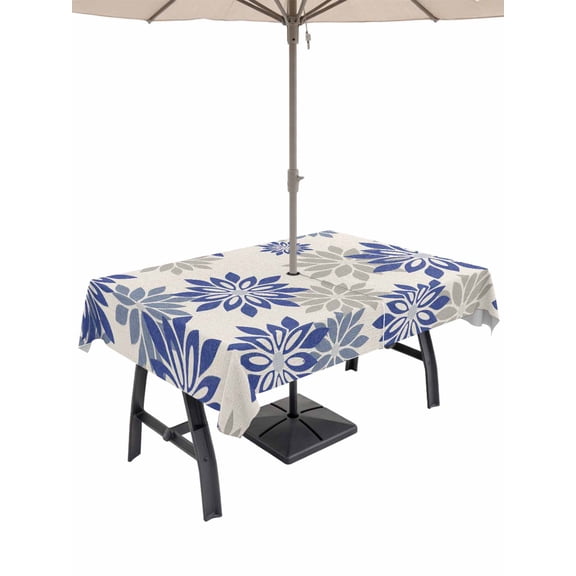 Outdoor Tablecloth with Umbrella Hole for Patio/Picnic/Party/Camping, Geometric Flower Waterproof Table Cloth Rectangle Table Cover Washable, Vintage Country Floral Blue Grey on Linen (54"x 80")