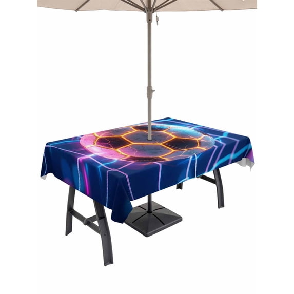 Outdoor Tablecloth with Umbrella Hole for Patio/Picnic/Party/Camping, Glowing Soccer Waterproof Table Cloth Rectangle Table Cover Washable, Neon Grid Sports Football Gaming (60"x 102")