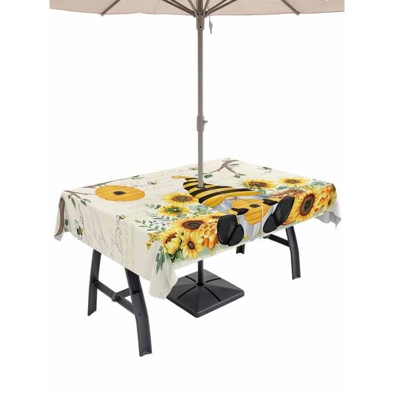 Outdoor Tablecloth with Umbrella Hole for Patio/Picnic/Party/Camping, Gnomes Sunflower Waterproof Table Cloth Rectangle Table Cover Washable, Bees Branches Floral Elegant Pastoral (60"x 102")