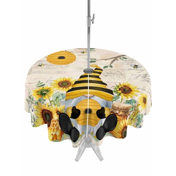 Outdoor Tablecloth with Umbrella Hole for Patio/Picnic/Party/Camping, Gnomes Sunflower Waterproof Table Cloth Round Cover Washable, Bees Branches Floral Watercolor (Dia 60")