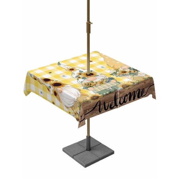 Outdoor Tablecloth with Umbrella Hole for Patio/Picnic/Party/Camping, Gnomes Sunflower Waterproof Table Cloth Square Cover Washable, Yellow Checkered Pastoral Botanical Wooden (54"x 54")