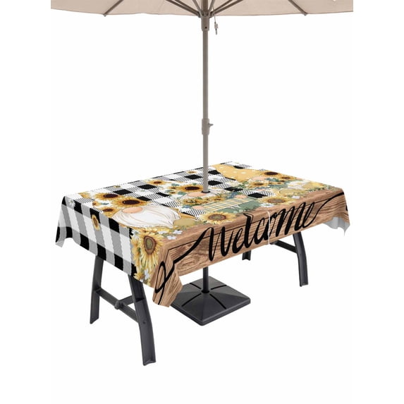 Outdoor Tablecloth with Umbrella Hole for Patio/Picnic/Party/Camping, Gnomes Sunflowers Waterproof Table Cloth Rectangle Table Cover Washable, Pastoral Botanical Black White Plaid Wooden (60"x 120")
