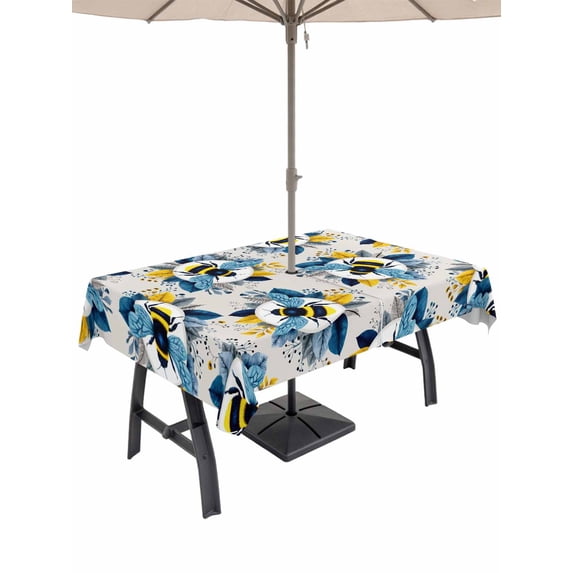 Outdoor Tablecloth with Umbrella Hole for Patio/Picnic/Party/Camping, Gray Bees Farmhouse Waterproof Table Cloth Rectangle Table Cover Washable, Spring Summer Botanical Flowers (52"x 70")