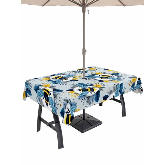 Outdoor Tablecloth with Umbrella Hole for Patio/Picnic/Party/Camping, Gray Blue Bees Farmhouse Waterproof Table Cloth Rectangle Table Cover Washable, Spring Summer Botanical Flowers (54"x 80")