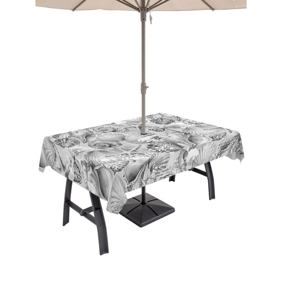 Outdoor Tablecloth with Umbrella Hole for Patio/Picnic/Party/Camping, Gray Coastal Waterproof Table Cloth Rectangle Table Cover Washable, Summer Beach Starfish Conch Shell Ocean (60"x 102")