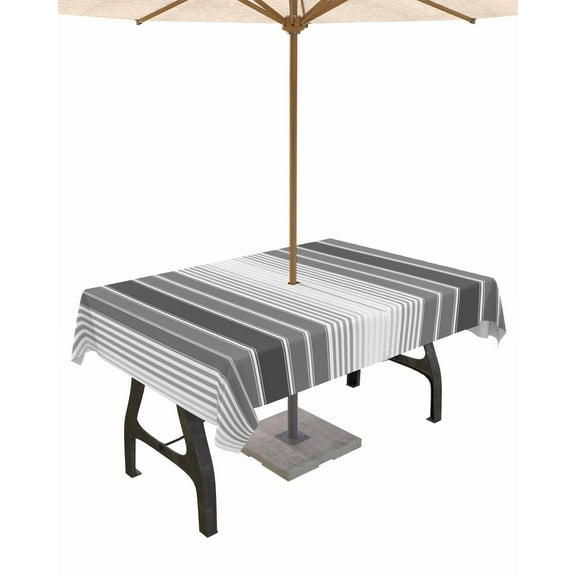 Outdoor Tablecloth with Umbrella Hole for Patio/Picnic/Party/Camping, Gray Vertical Stripes Waterproof Table Cloth Rectangle Table Cover Washable, Retro Simple Neutral Abstract Lines 54"x 80"