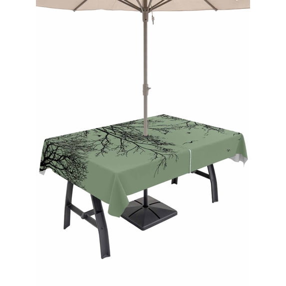 Outdoor Tablecloth with Umbrella Hole for Patio/Picnic/Party/Camping, Green Black Branches Waterproof Table Cloth Rectangle Table Cover Washable, Botanical Dead Tree Birds (60"x 102")