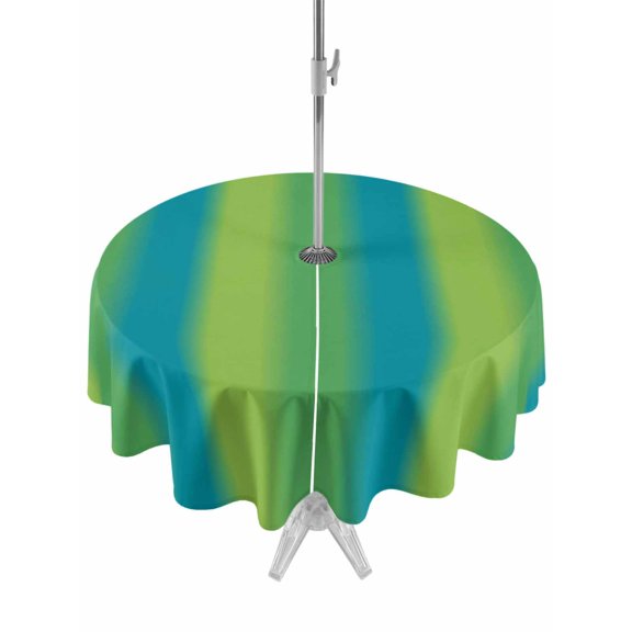 Outdoor Tablecloth with Umbrella Hole for Patio/Picnic/Party/Camping, Green Blue Ombre Stripes Waterproof Table Cloth Round Cover Washable, Vertical Modern Art Gradient (Dia 54")